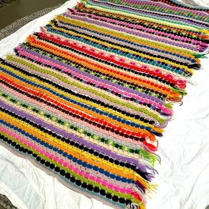 vintage rainbow knit blanket throw afghan handknit handmade fringe 44x62" cover